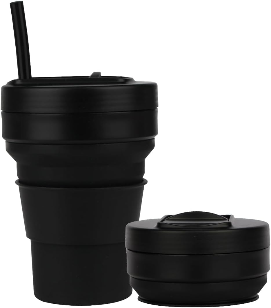 Collapsible Travel Cups- Food Grade Silicone Coffee Cups with Straw Lid 350ml 12oz Lightweight