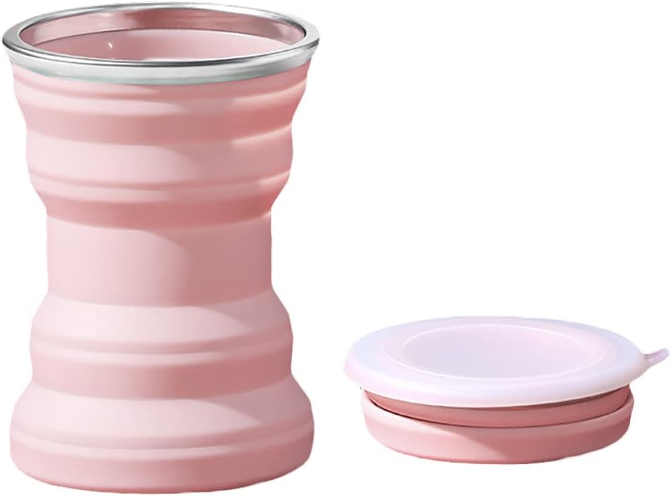 Portable Folding Silicone Water Cup, 320ml Outdoor Heat Resistant Foldable Mug with Lid Collapsible Travel Drinking Cups, Coffee Cup with Lid for Travel, Hiking Outdoors (Pink)