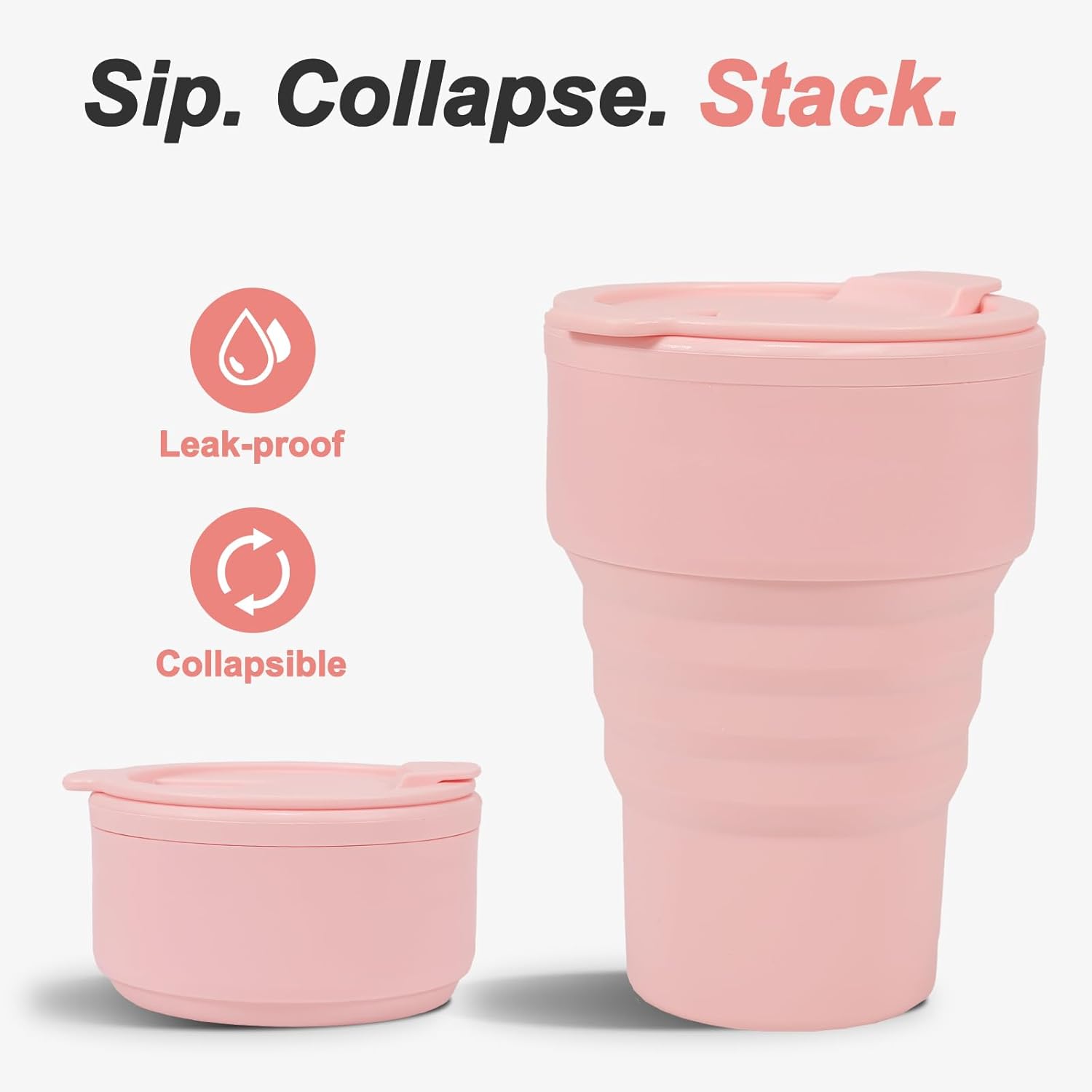 Collapsible Travel Cup, 13oz / 375ml - Reusable To-Go Pocket Size Food-Grade Silicone Bottle for Hot and Cold Drinks - Perfect for Camping and Hiking - Dishwasher & Microwave Safe (Pink) - Image 2