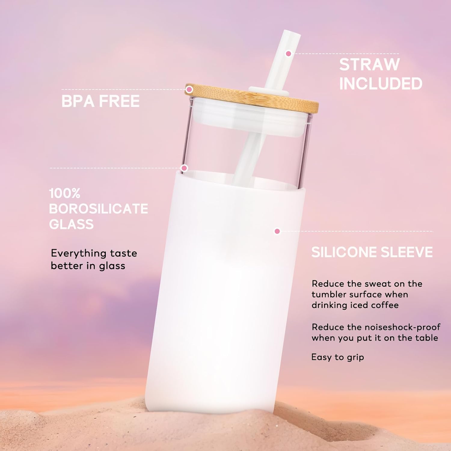 20 oz Glass Tumbler Glass Water Bottle Straw Silicone Protective Sleeve Bamboo Lid - BPA Free -Amber - Image 2