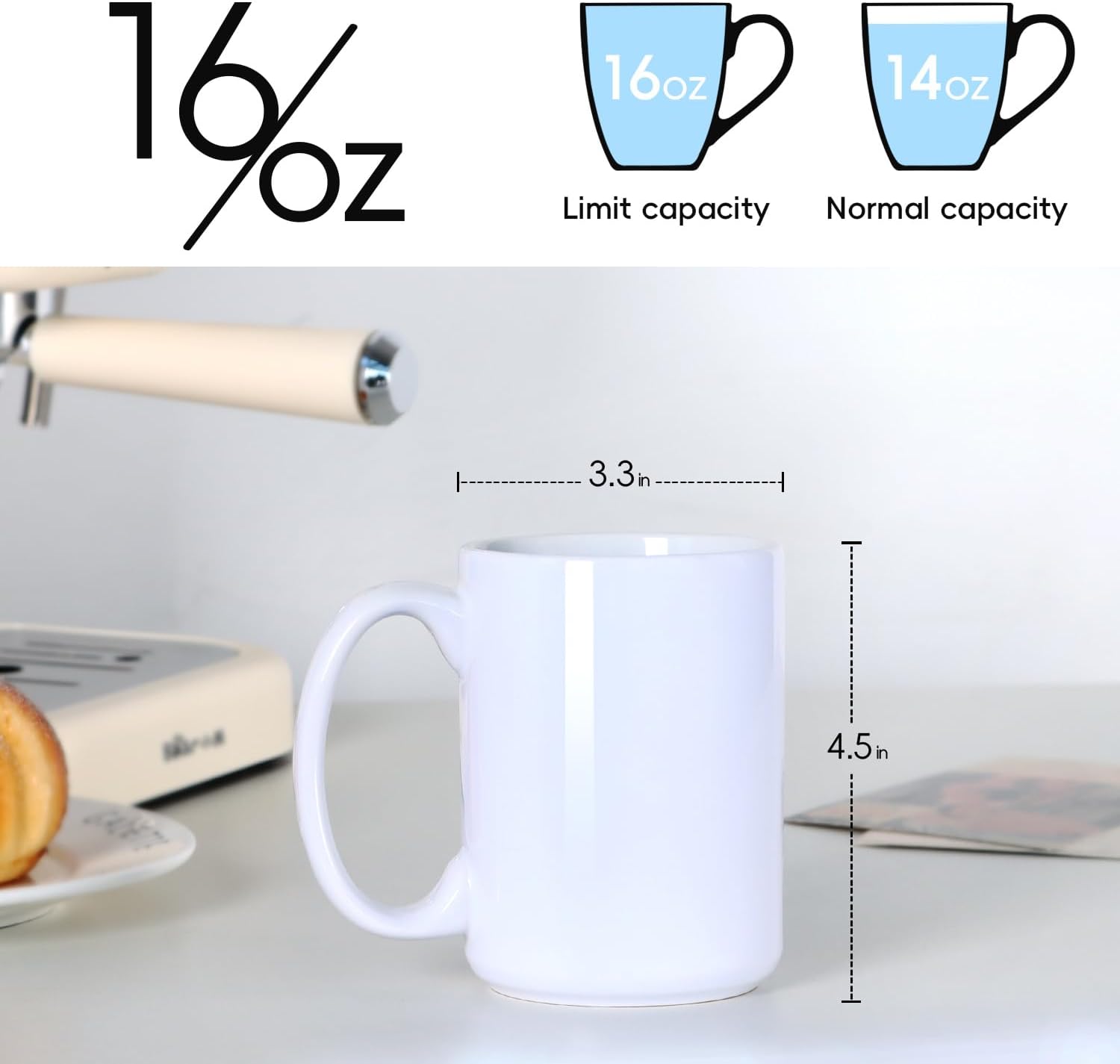 16 OZ Porcelain Coffee Mug, Classic Blank Ceramic Cup with Large Handle for Tea Latte Cappuccino, White - Image 2