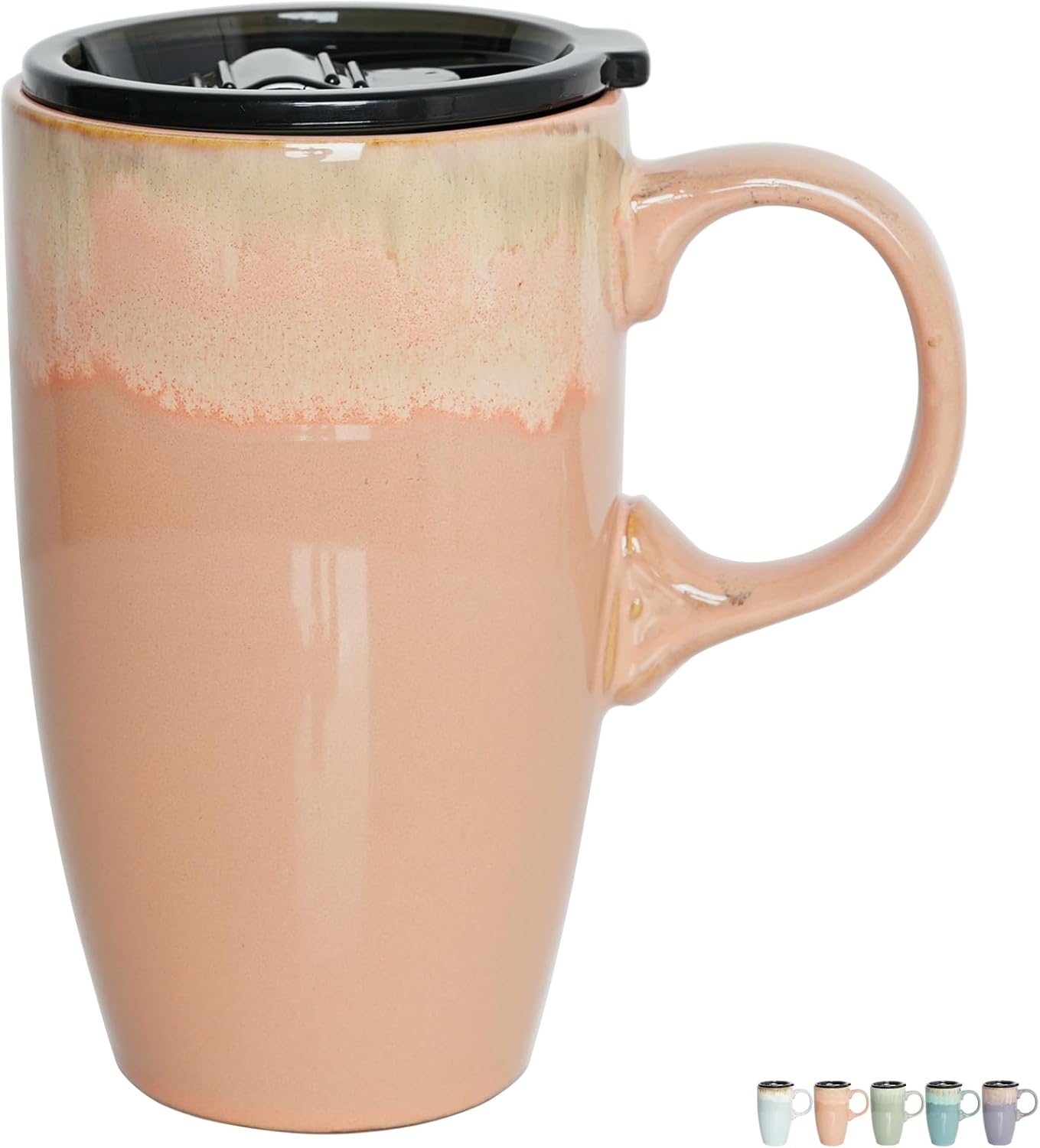 Ceramic Travel Coffee Mug with Handle and Lid, 18 oz, Portable Coffee Cup for Car Cup Holder, Microwave and Dishwasher Safe, Reactive Glaze (Light Orange)
