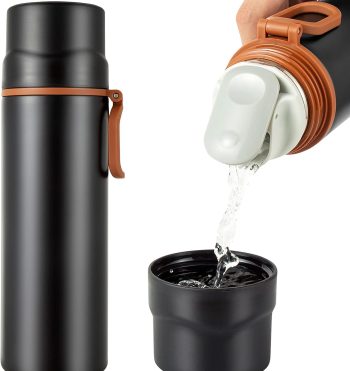 Insulated Water Bottle-Stainless Steel Vacuum Coffee Cup with Handle,Flask Double Walled Sport Travel Mug with Leakproof Lid,Keep Hot & Cold 12 Hours BPA Free 15oz(Black)