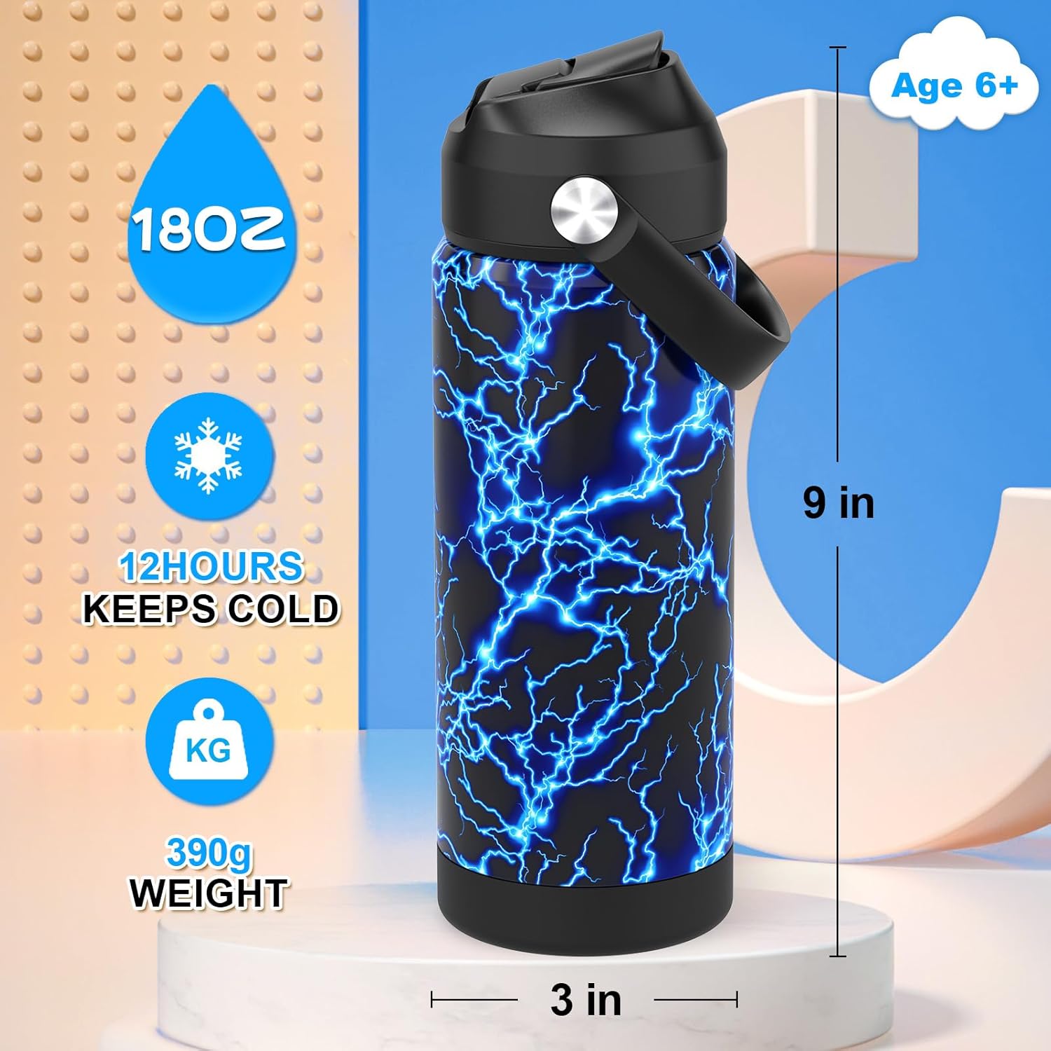 Boys Water Bottle with Straw,18 oz Kids Insulated Cups with Stainless Steel Leak Proof for School,Sport&Travel(Lightning) - Image 2