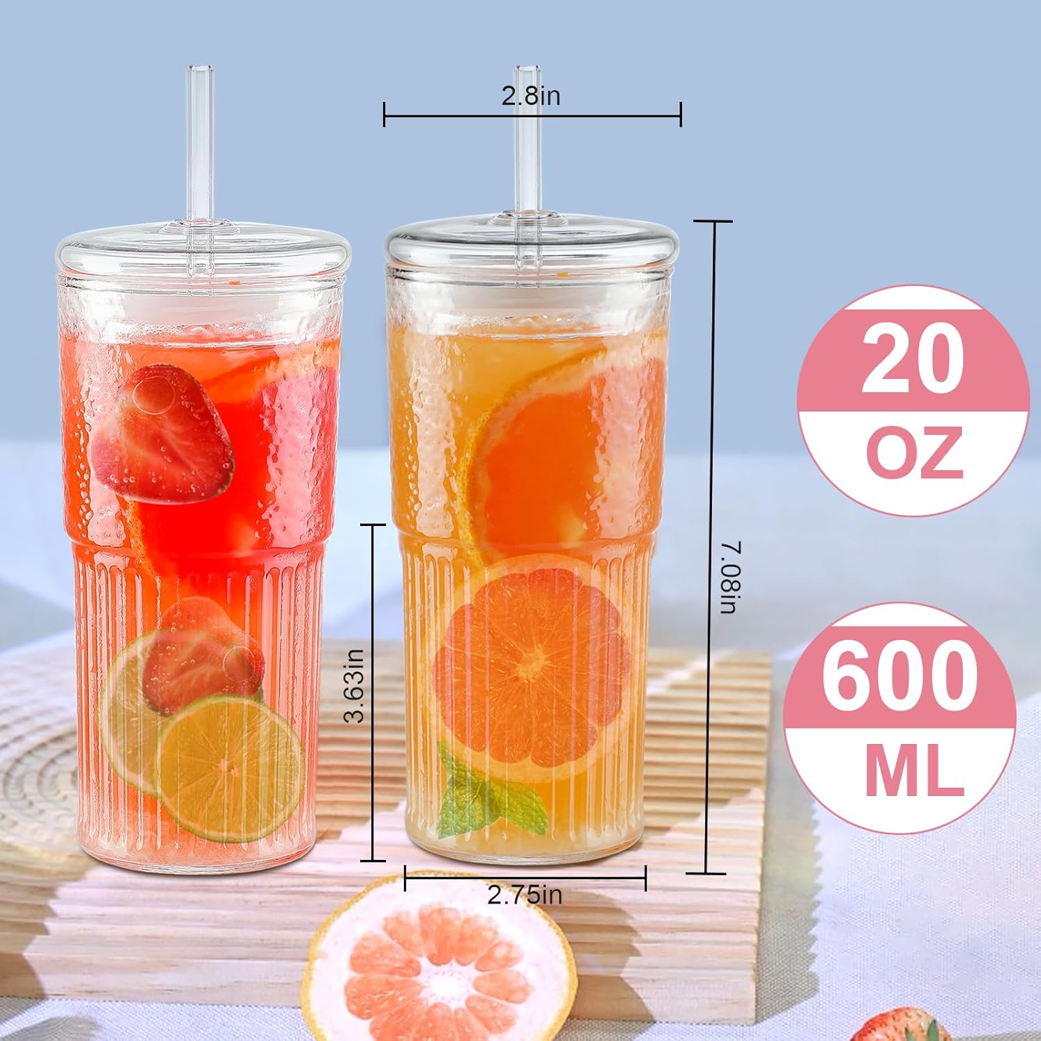 Glass Cups with Lids and Glass Straws, 20OZ Drinking Glasses 2Pcs, Glass Tumbler with Straw and Lid High Borosilicate Glass Tumbler Iced Coffee Cup Water Glass Cups - Image 2