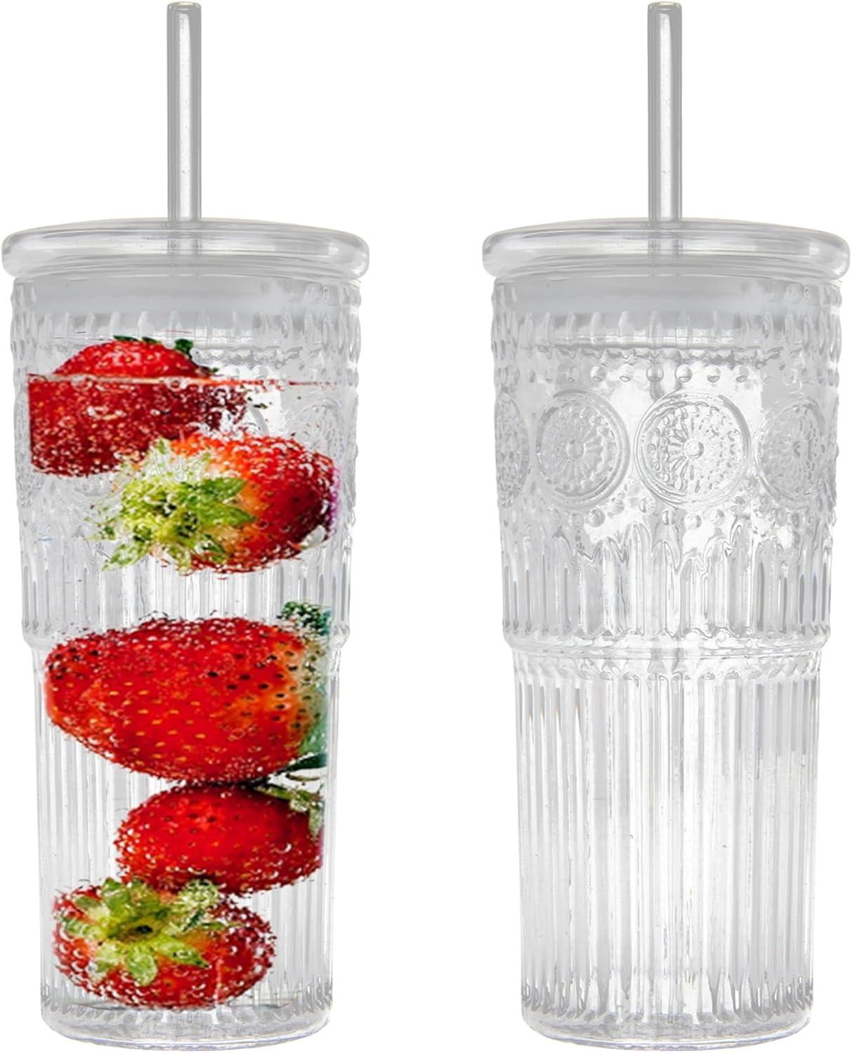 All Glass Iced Coffee Cup With Lids and Straws,24 OZ High Borosilicate Glass Tumbler for Water Smoothie Juice Drinks