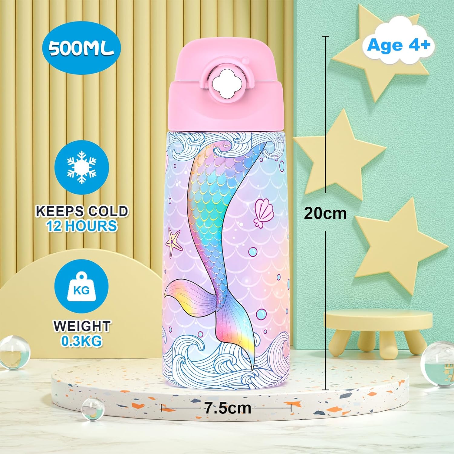 Girls Insulated Water Bottle with Covered Pop-Up Straw,16 oz Kids Cups with Stainless Steel Leak Proof for School Pink(Mermaid) - Image 2