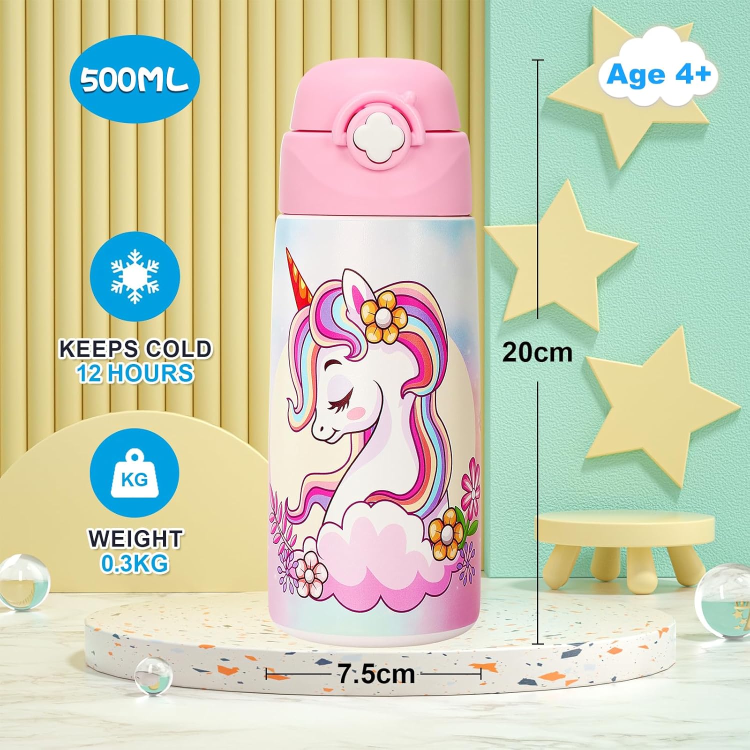 Girls Insulated Water Bottle with Covered Pop-Up Straw,16 oz Kids Cups with Stainless Steel Leak Proof for School Pink(Unicorn) - Image 2